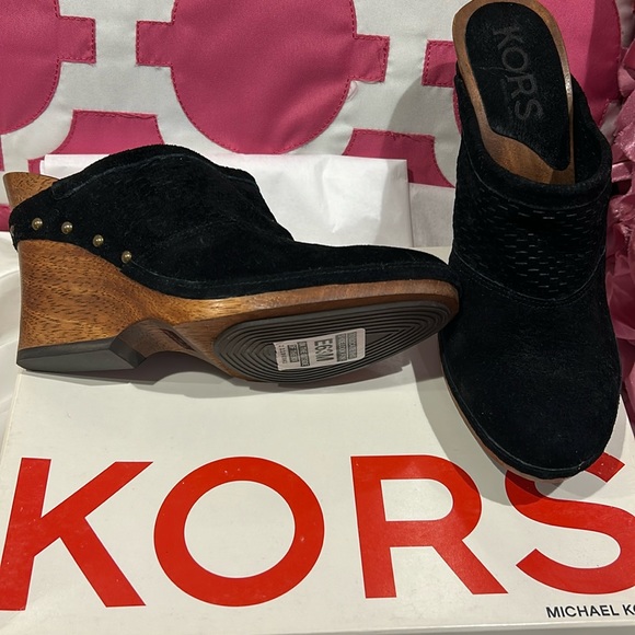 Black Suede Mules With Brass Hardware and Wooden Wedge-sz 9 - Picture 2 of 9